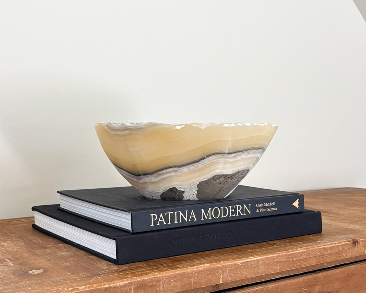 grey onyx bowl with organic veining and tonal variations