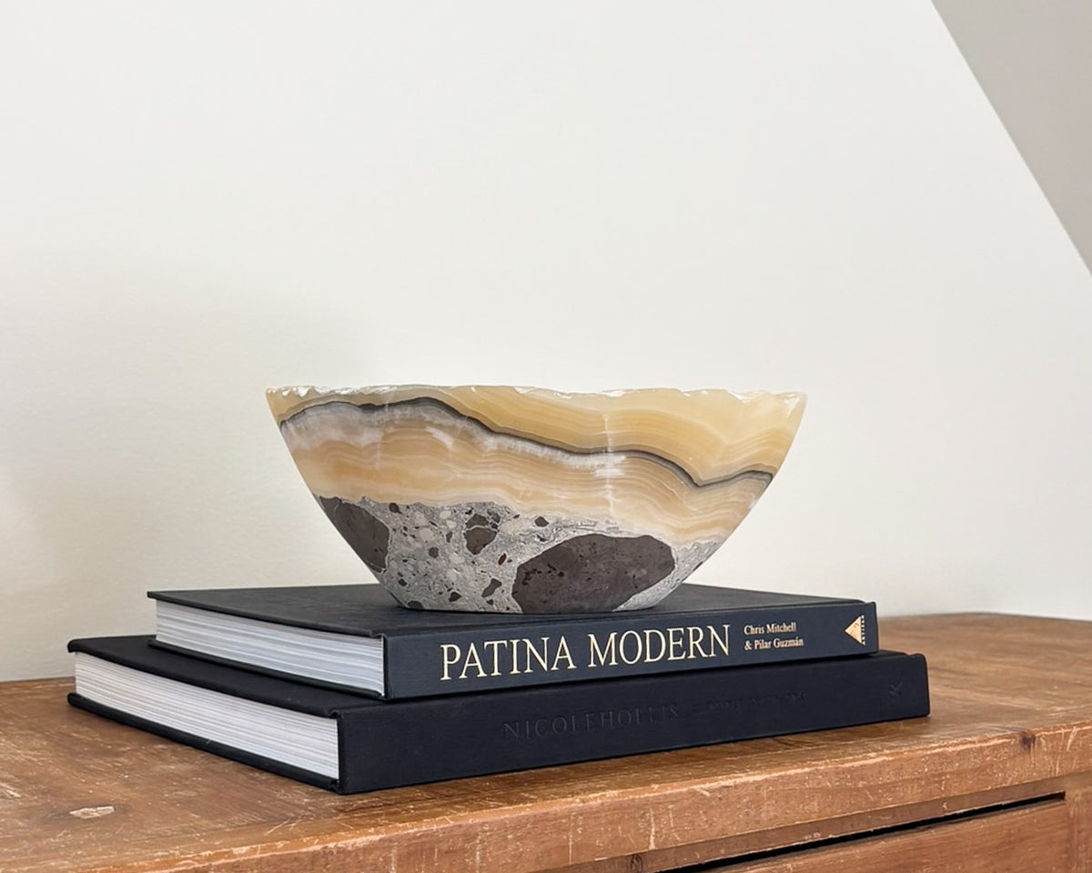 One-of-a-kind grey onyx decorative bowl featuring distinctive natural patterns