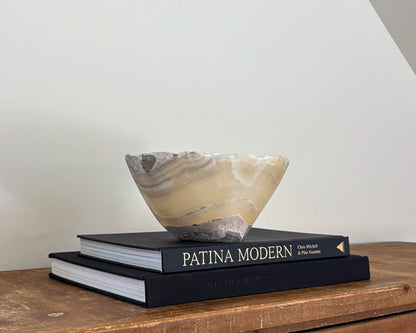 One-of-a-kind grey onyx bowl with intricate natural veining and tonal variation