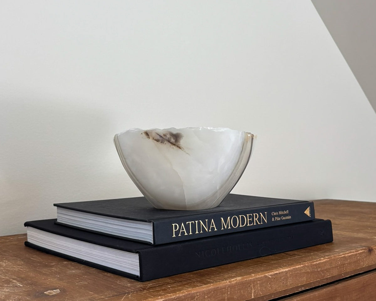 One-of-a-kind grey onyx bowl with intricate natural veining and tonal variation