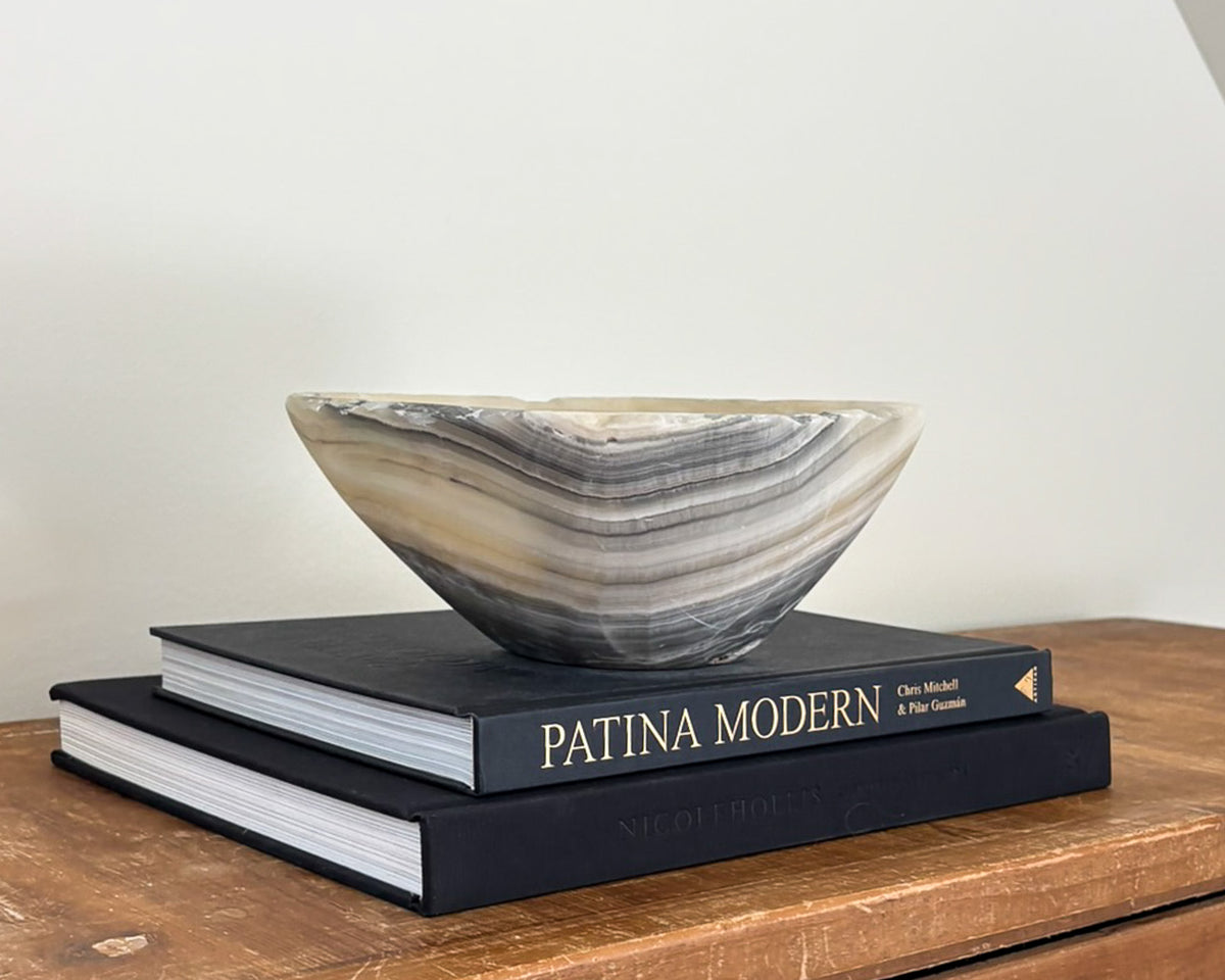 One-of-a-kind grey onyx bowl with intricate natural veining and tonal variation