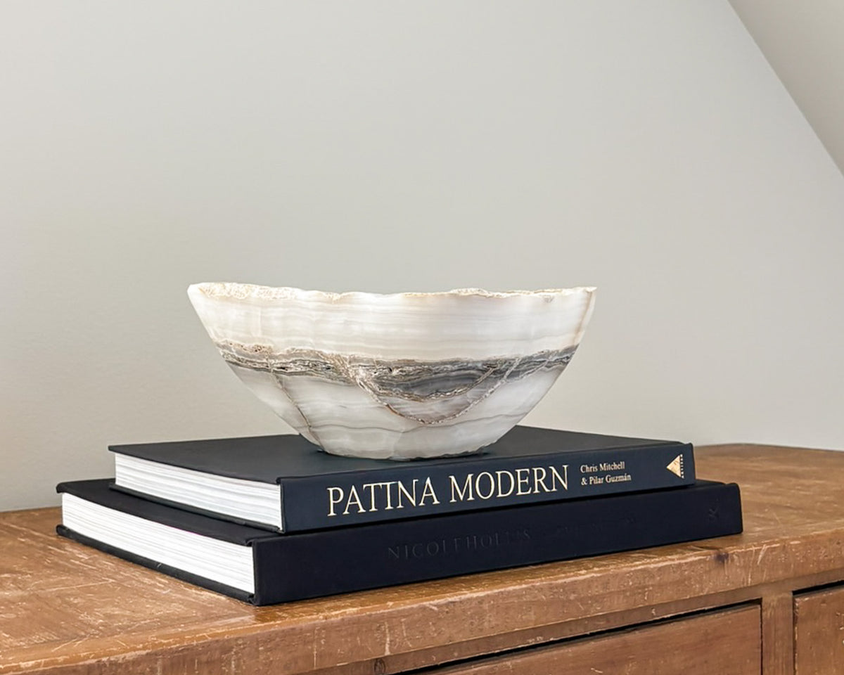 One-of-a-kind grey onyx decorative bowl crafted from natural stone