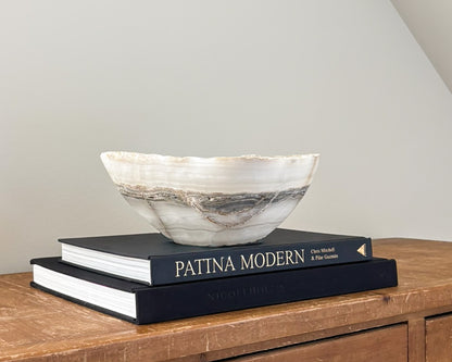 One-of-a-kind grey onyx decorative bowl crafted from natural stone