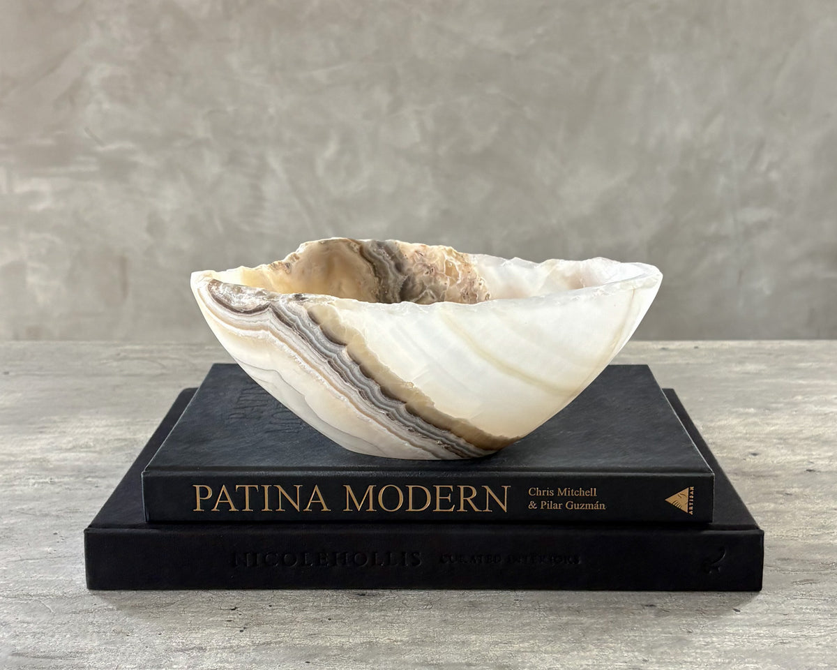 Grey onyx decorative bowl with beautiful natural stone banding and tonal variations