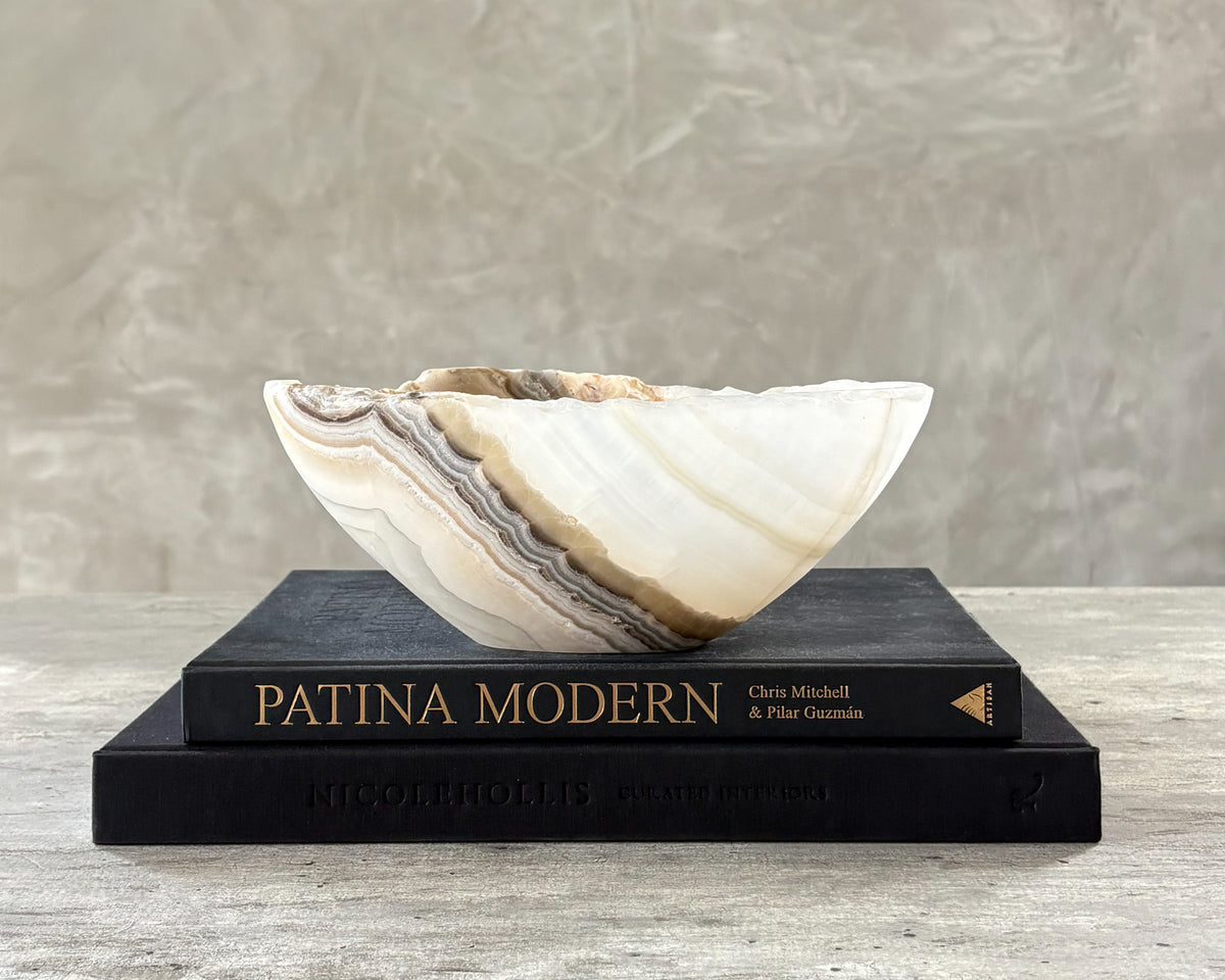 One-of-a-kind grey onyx decorative bowl with organic banding and polished finish