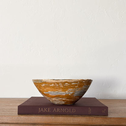 Decorative hand carved grey onyx bowl with brown and grey natural stone bands