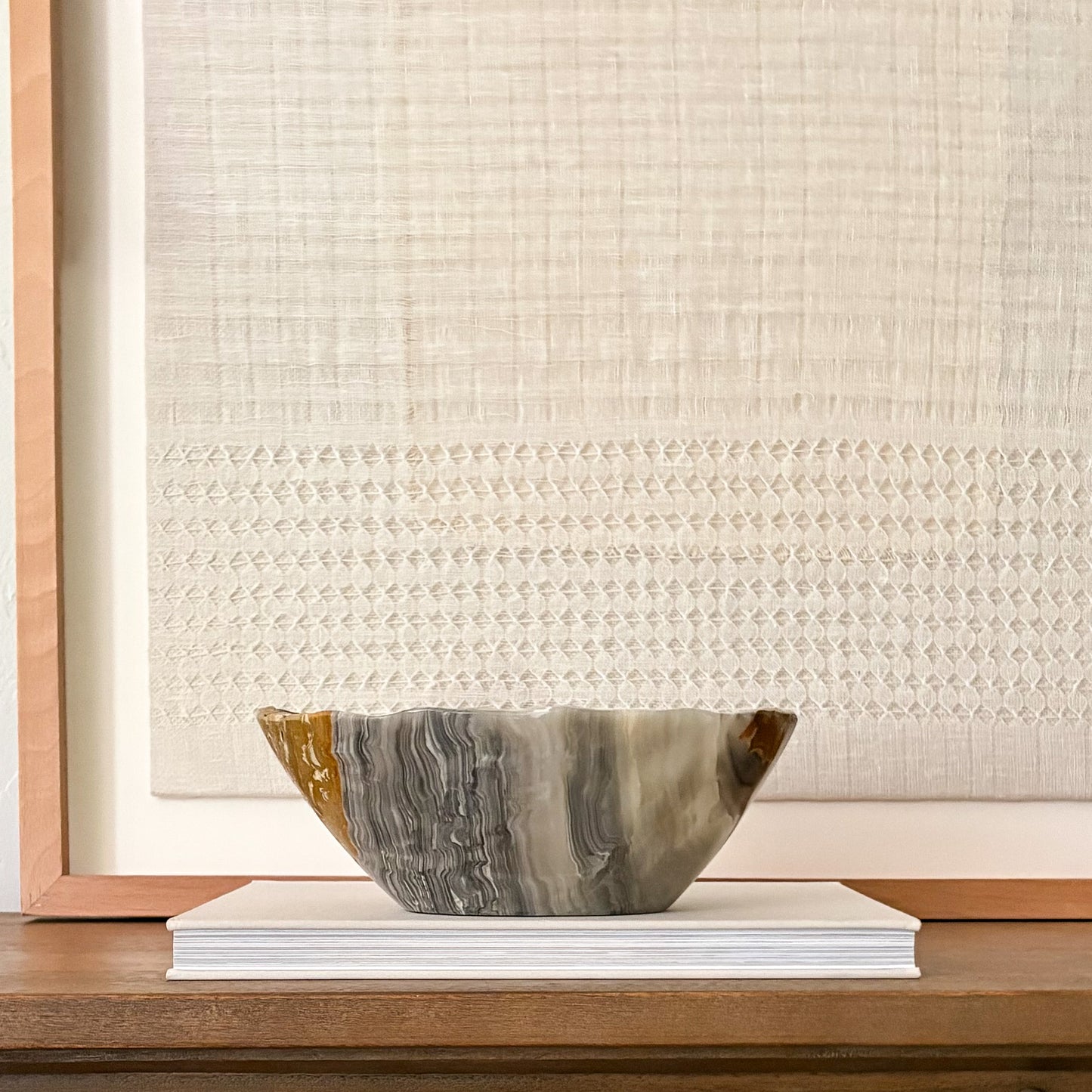 Artisan carved grey onyx bowl for home decor centerpiece