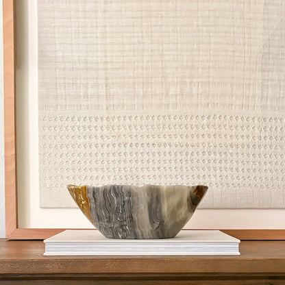 Artisan carved grey onyx bowl for home decor centerpiece