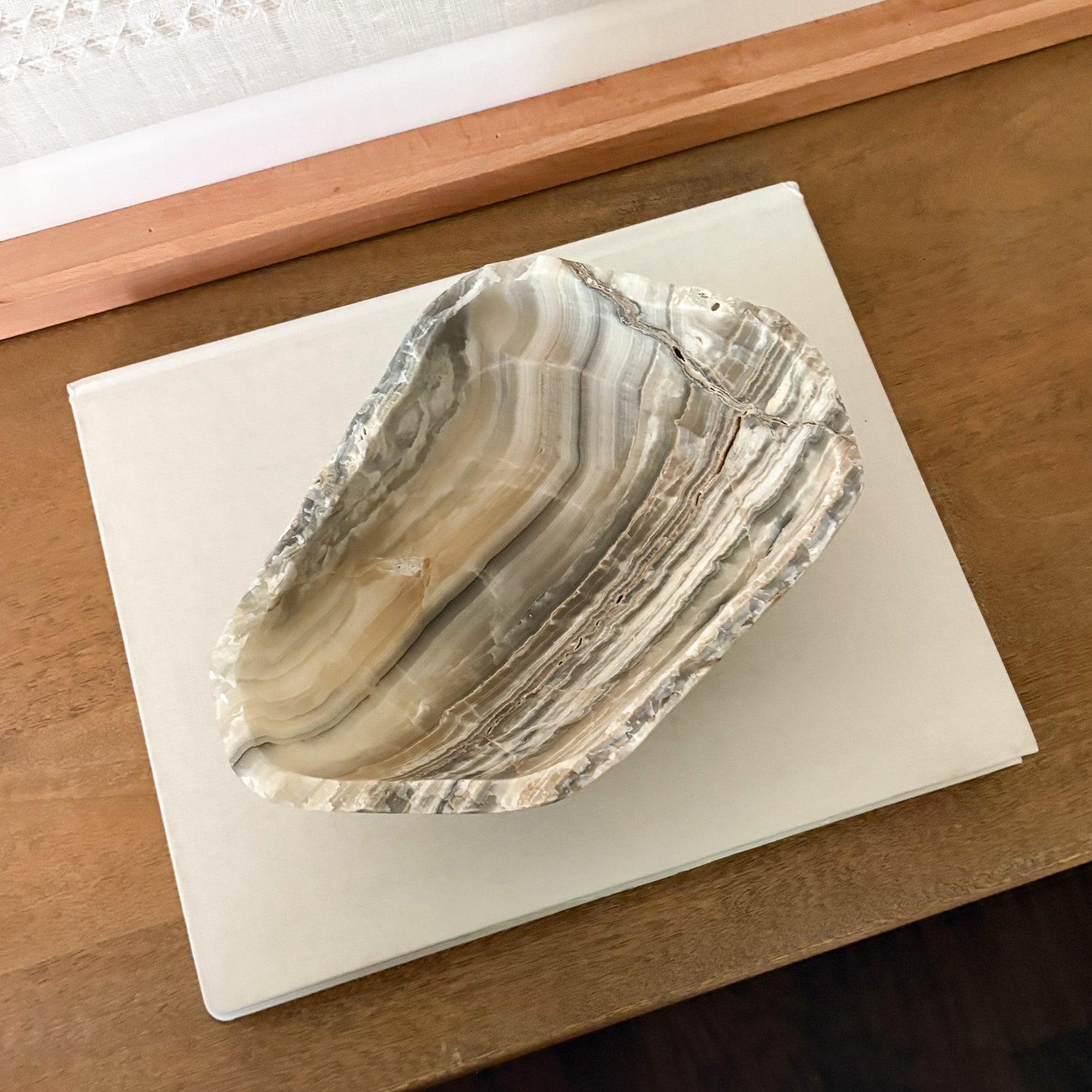 Artisan carved grey onyx bowl for home decor centerpiece