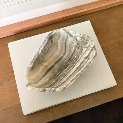 Artisan carved grey onyx bowl for home decor centerpiece