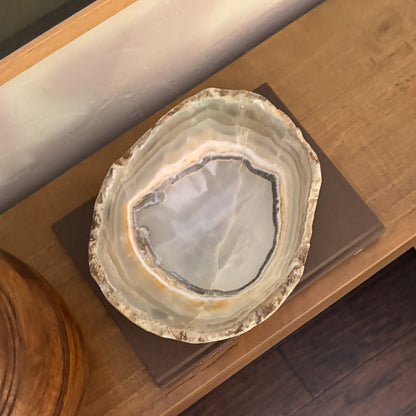 Polished grey onyx stone bowl handmade from natural onyx
