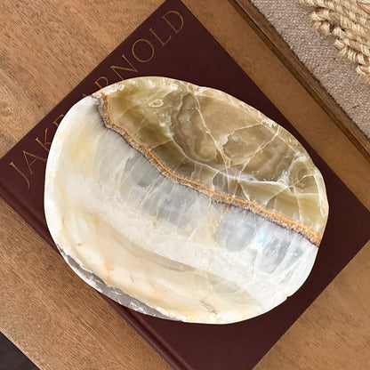 Natural olive onyx decorative bowl with unique stone patterns
