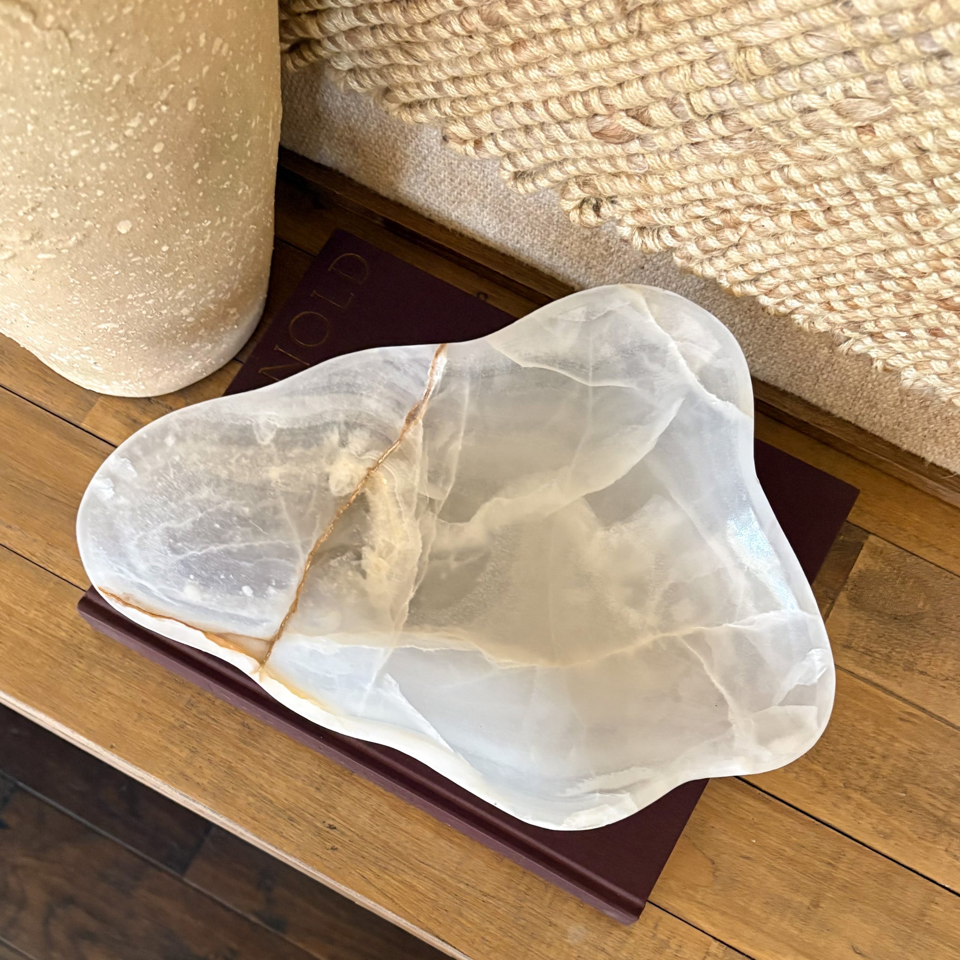 Natural white and amber onyx bowl, handcrafted luxury home decor accent