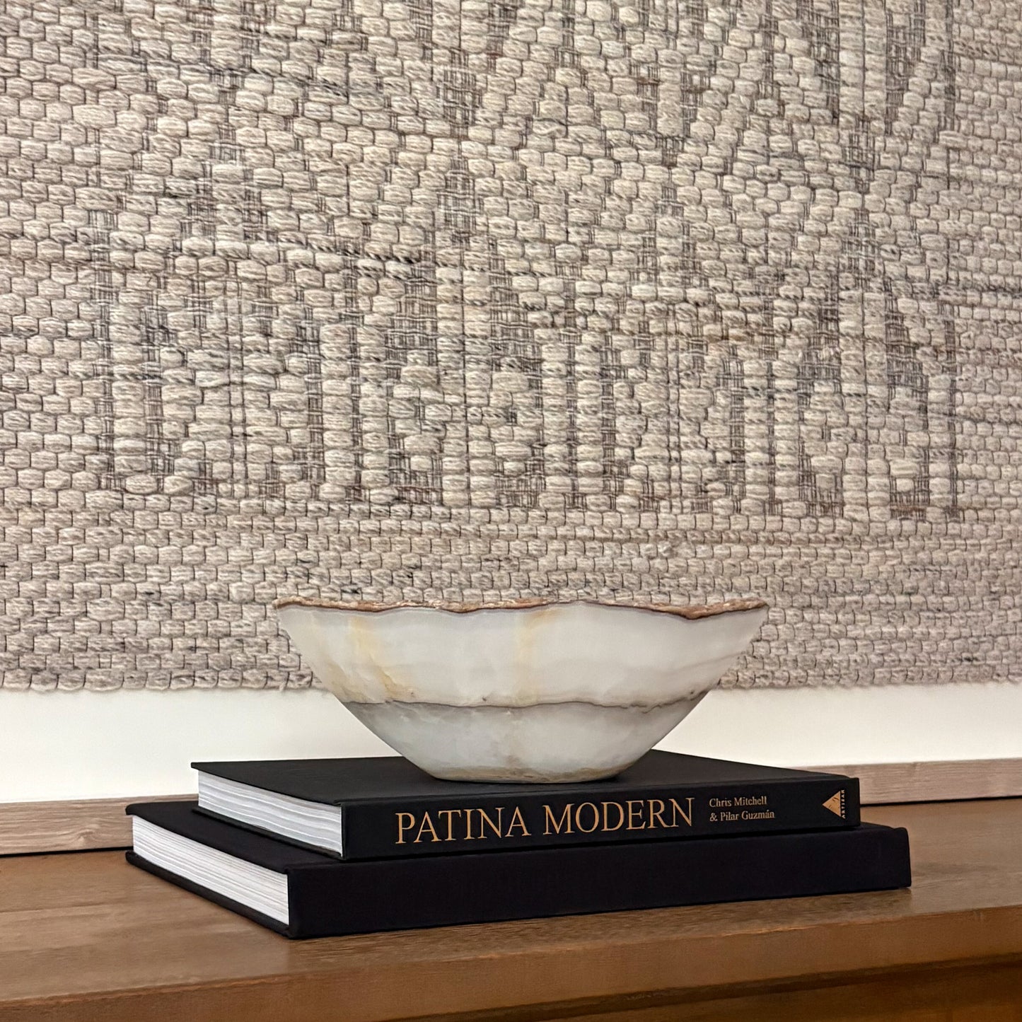 Artisan Carved White Onyx Bowl with Natural Veining Details