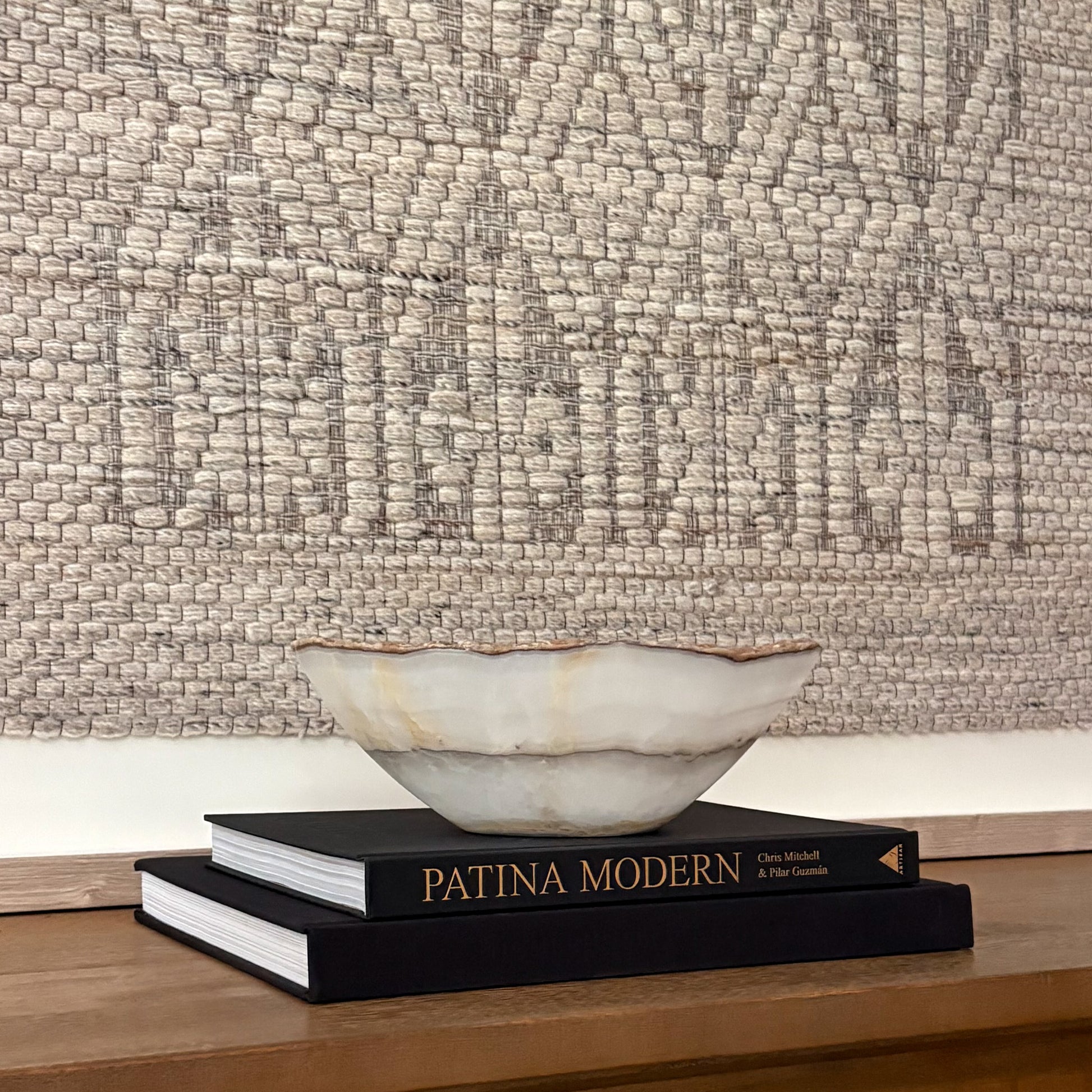 Artisan Carved White Onyx Bowl with Natural Veining Details