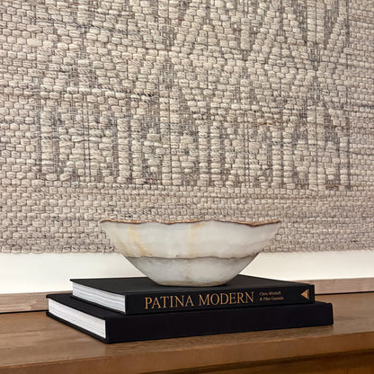 Artisan Carved White Onyx Bowl with Natural Veining Details
