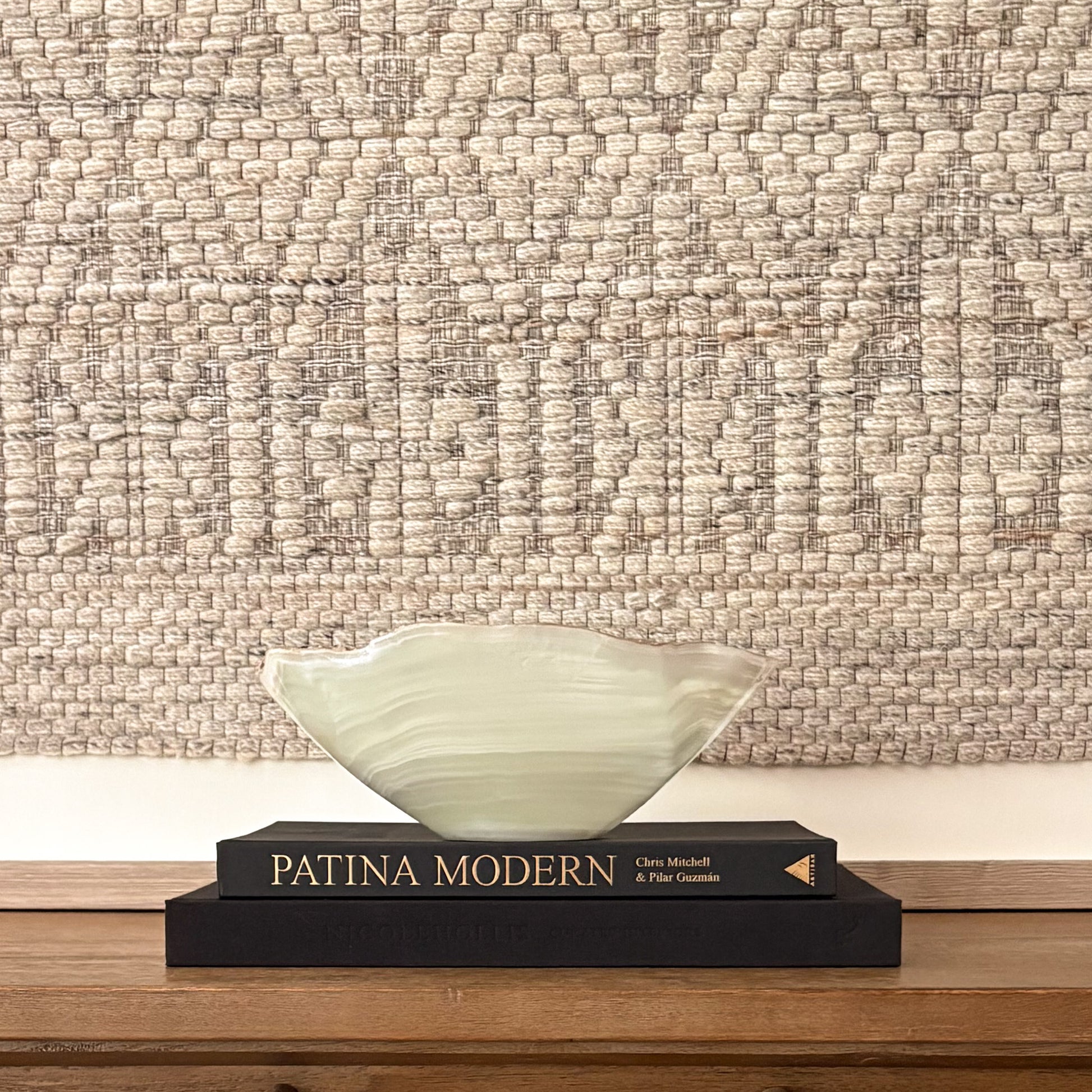 Hand-carved white onyx decorative bowl with natural stone veining