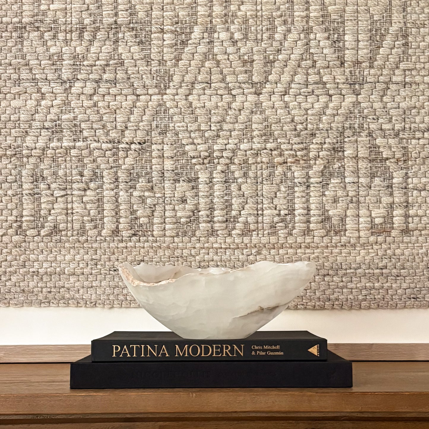 Hand-carved white onyx decorative bowl with natural stone veining