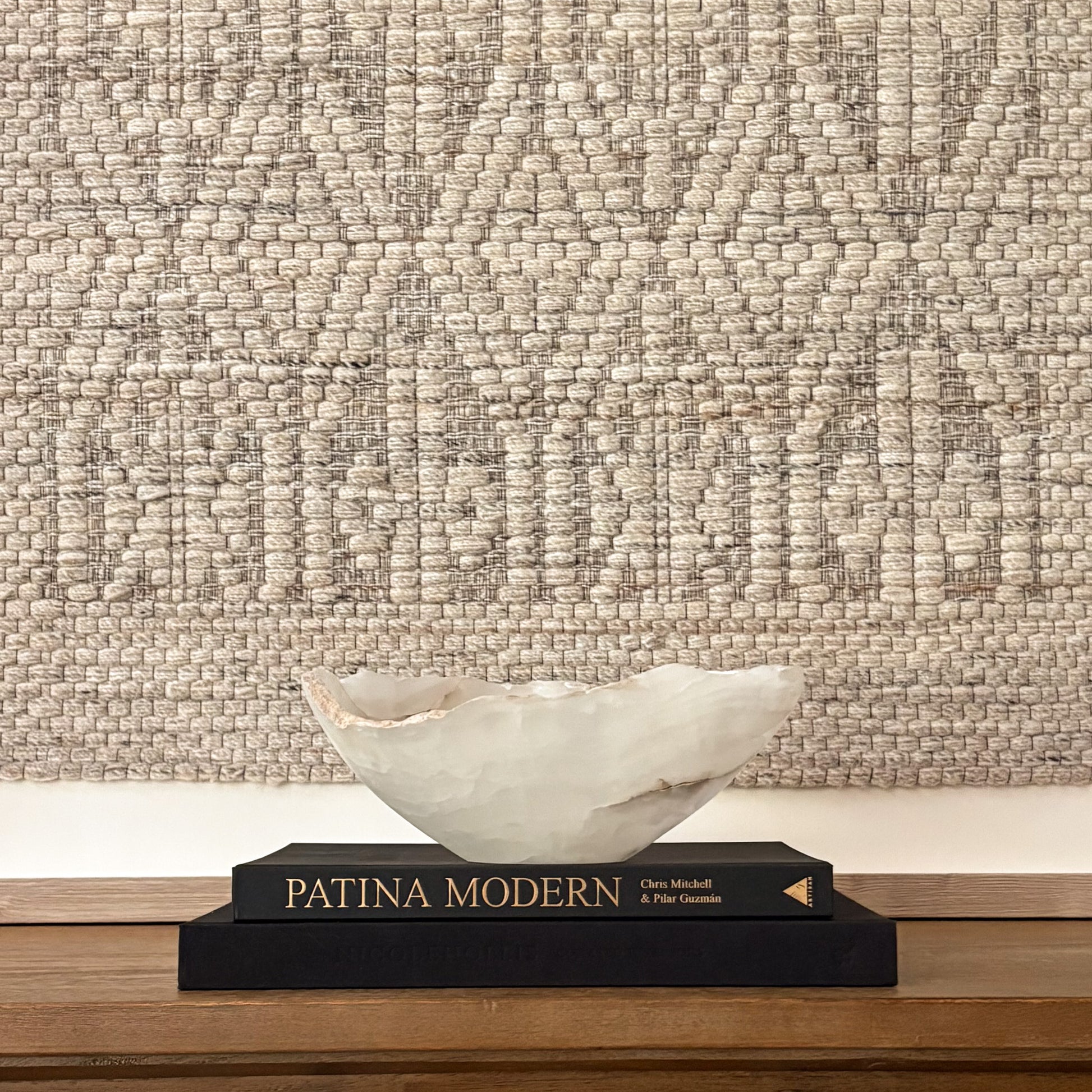 Hand-carved white onyx decorative bowl with natural stone veining