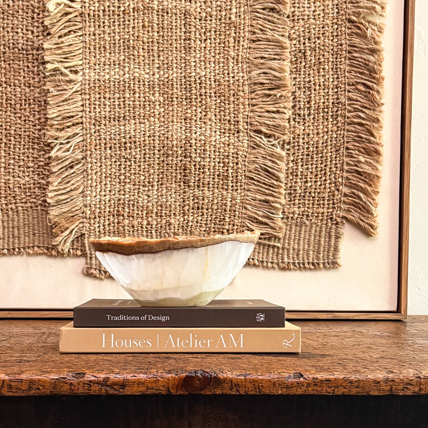 Decorative white onyx bowl displayed as a modern home accent piece