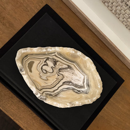 Decorative Zebra Onyx stone bowl with unique cream, ivory, and charcoal veining