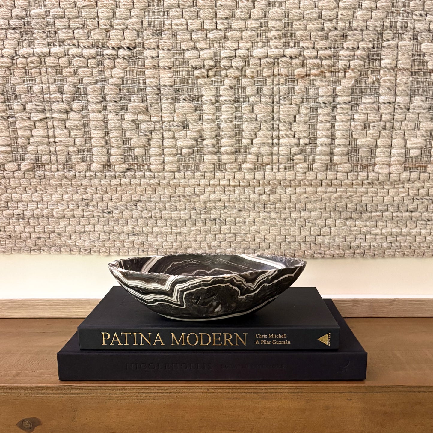 Hand-carved zebra onyx bowl with natural stripes