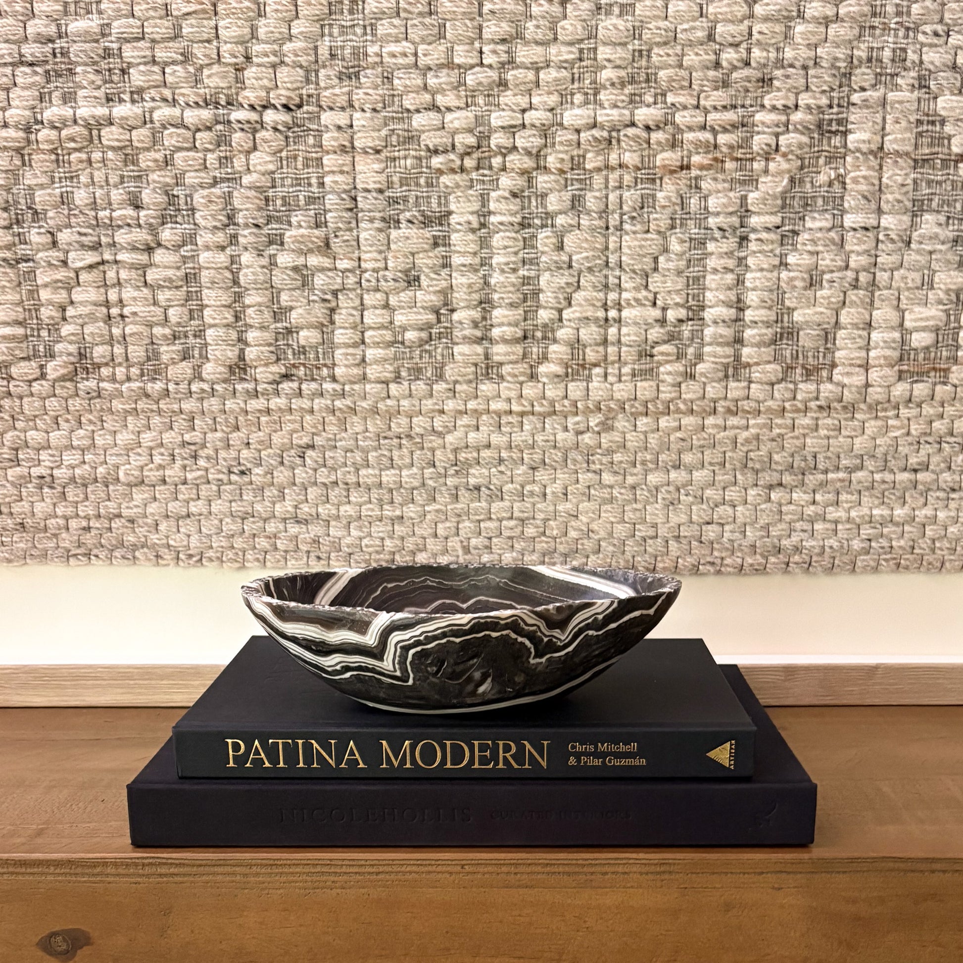 Hand-carved zebra onyx bowl with natural stripes