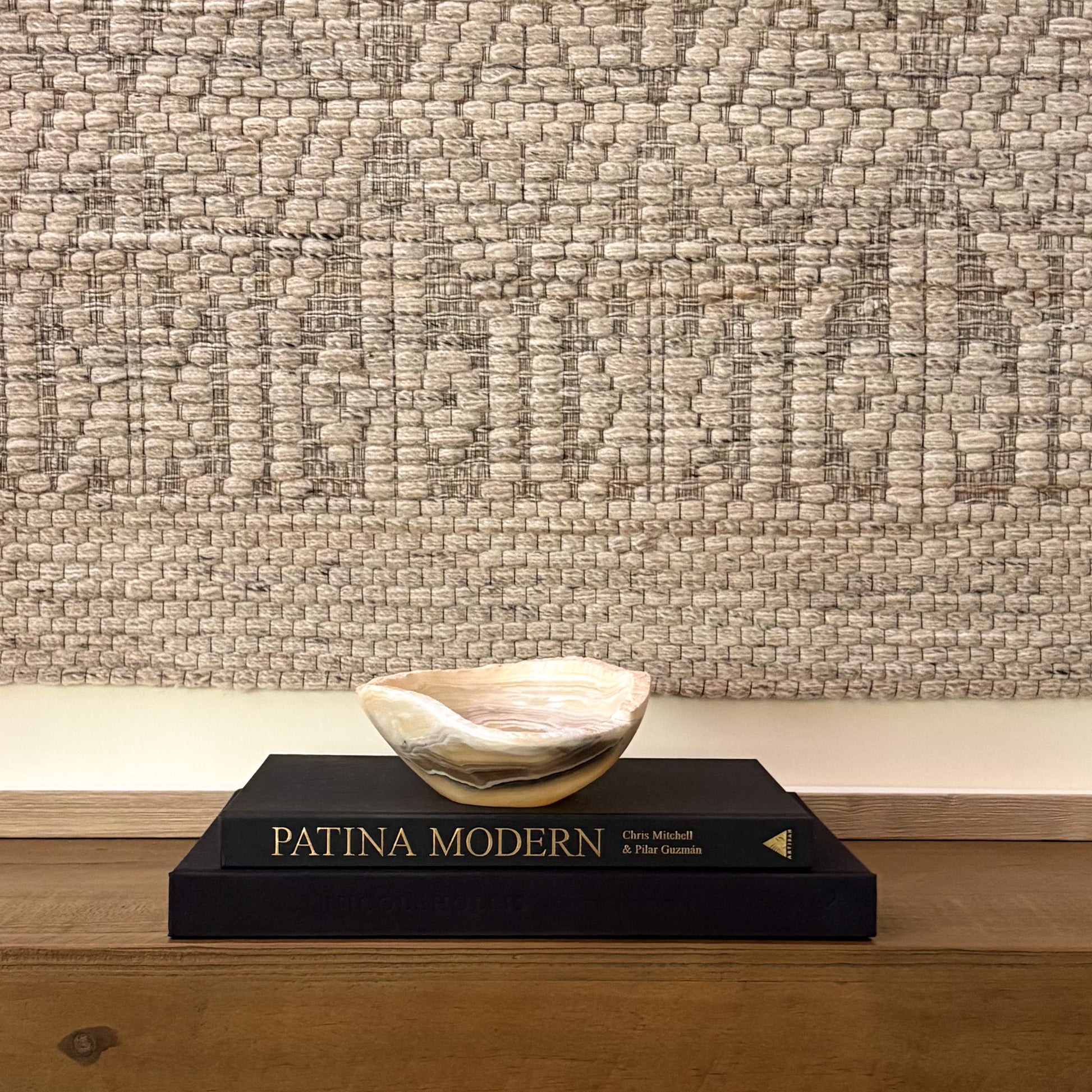 Decorative zebra onyx stone bowl, hand-carved with unique striped mineral formations and smooth interior