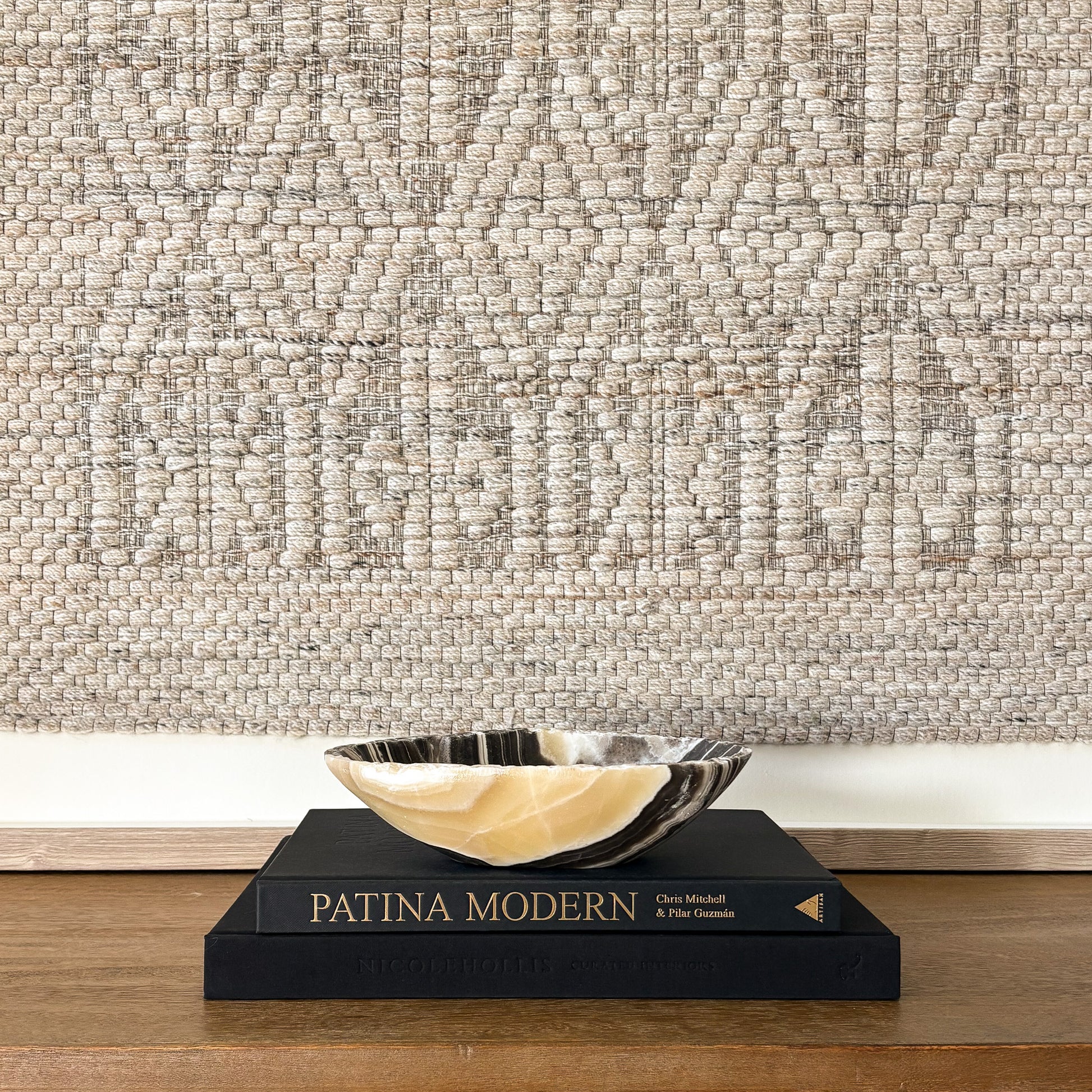 Contemporary home styling featuring hand carved zebra onyx stone bowl