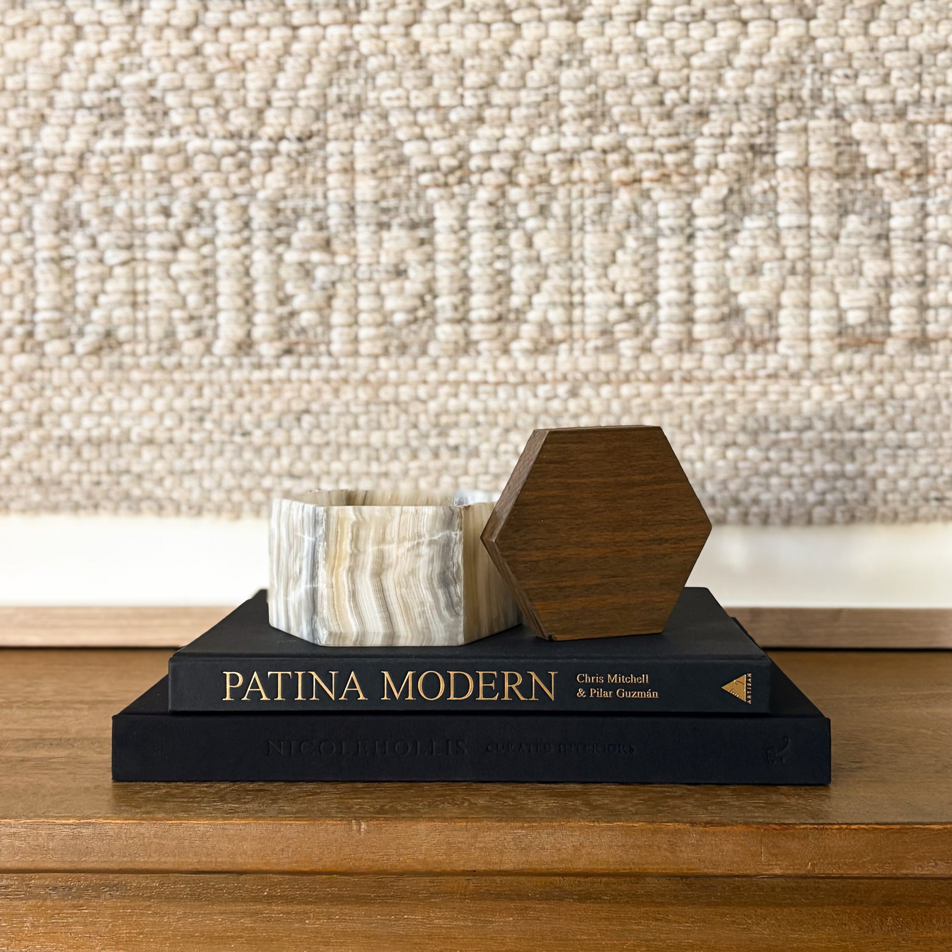 Luxury grey onyx decorative storage box with wood lid on console table