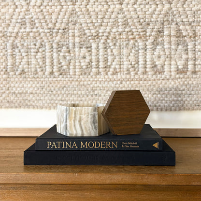 Luxury grey onyx decorative storage box with wood lid on console table