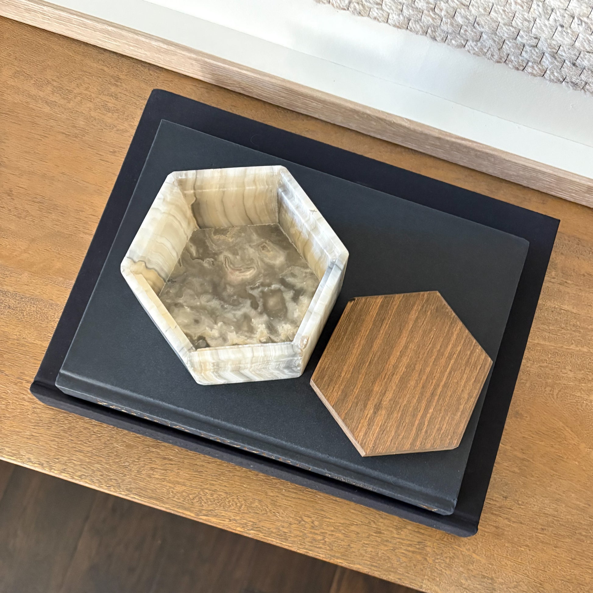 Natural stone hexagonal keepsake box with wooden top