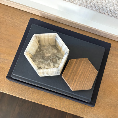 Natural stone hexagonal keepsake box with wooden top