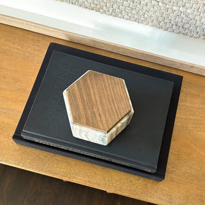 Handcrafted hexagon onyx stone box with walnut lid home décor