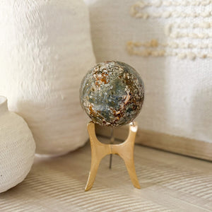 ibis jasper crystal ball on gold stand, organic home decor