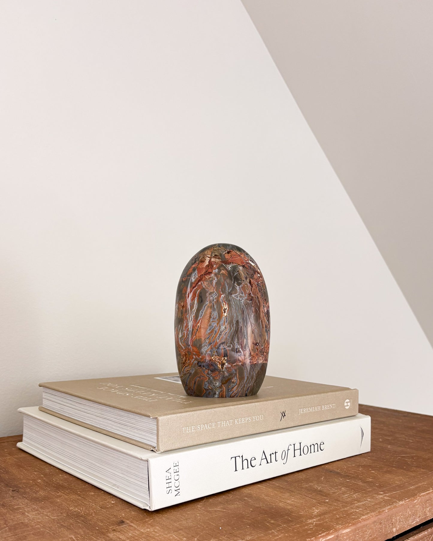 Polished Ibis Jasper stone sculpture for modern organic decor