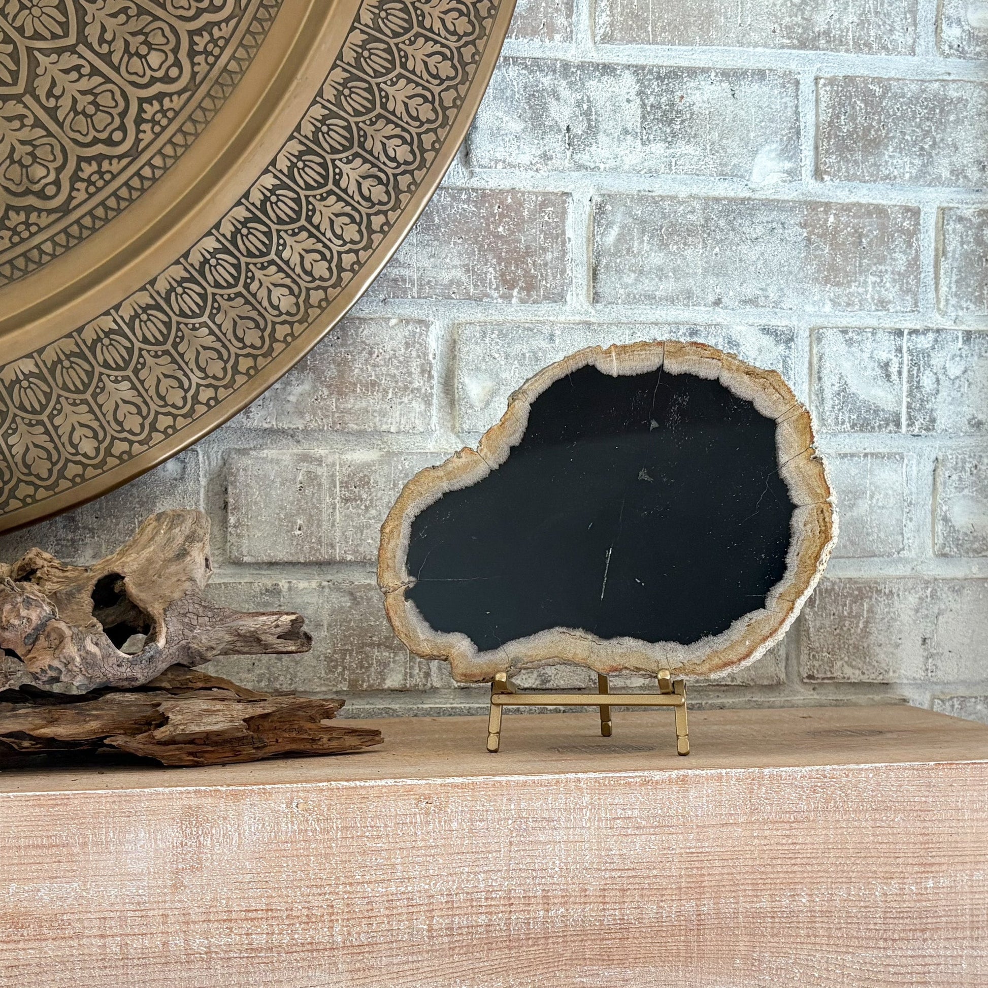 decorative fossilized wood slab on brass easel stand