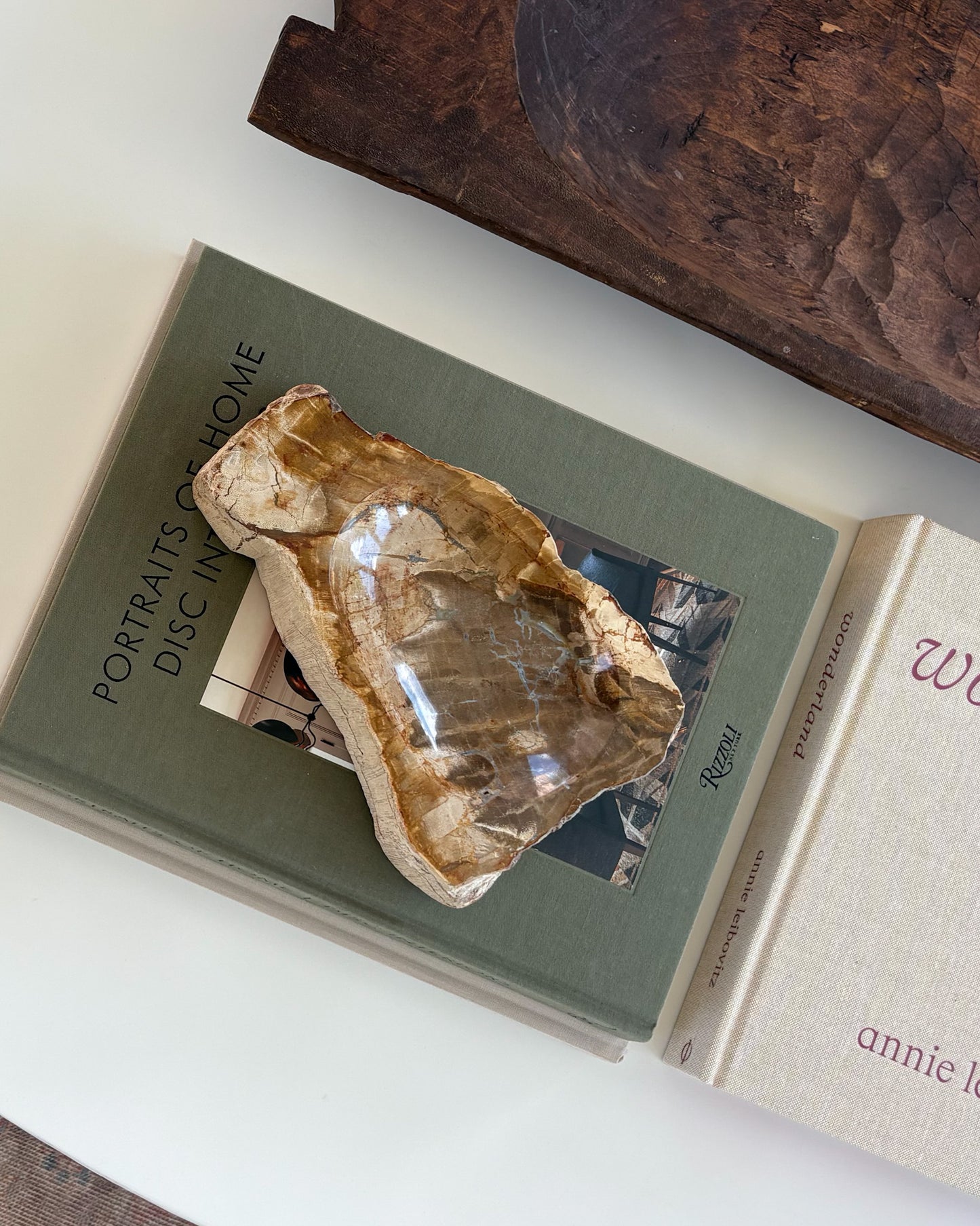 Small Indonesian petrified wood decorative bowl with natural fossilized wood grain and earthy tones