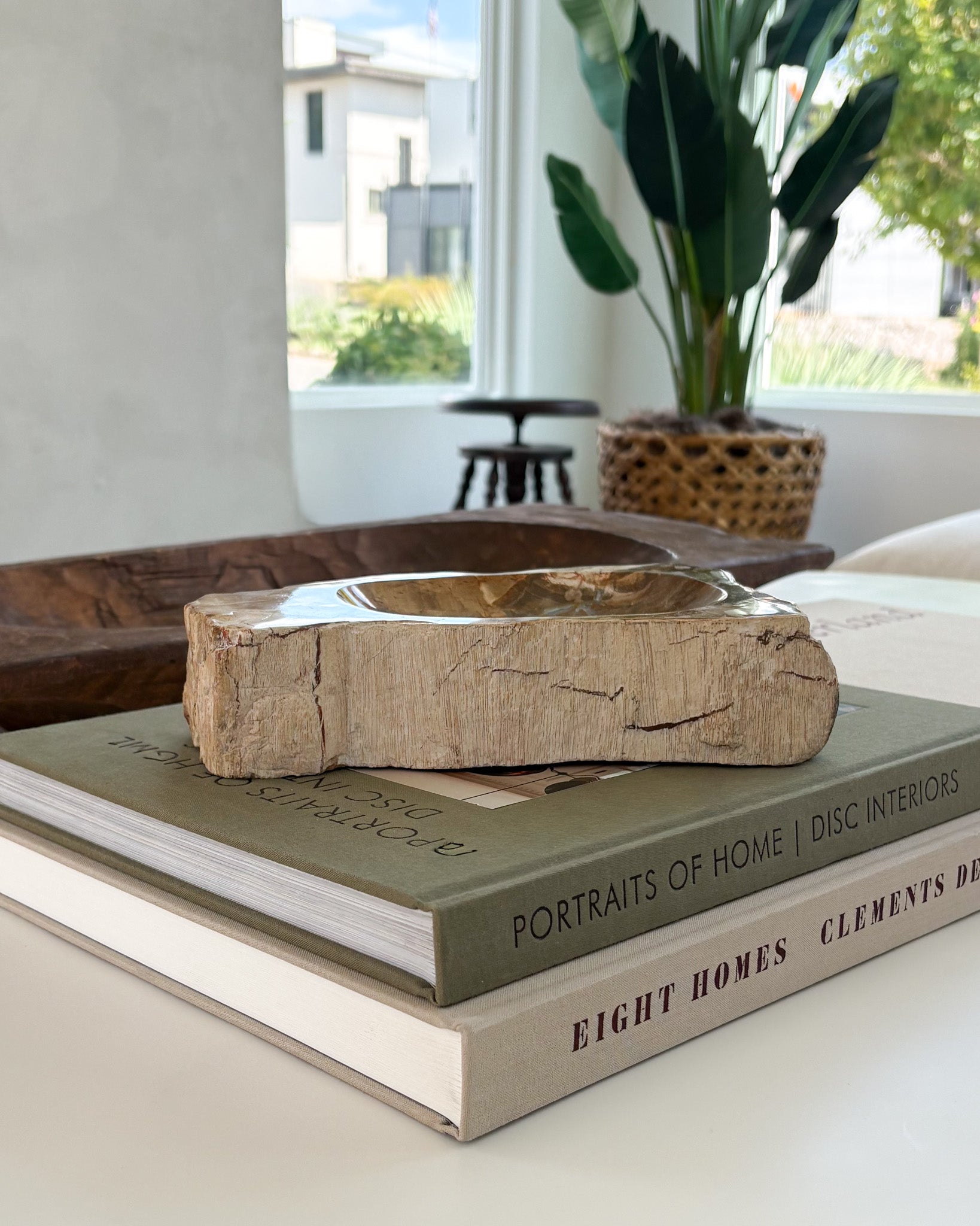Hand-carved Indonesian petrified wood bowl showcasing unique fossilized wood patterns