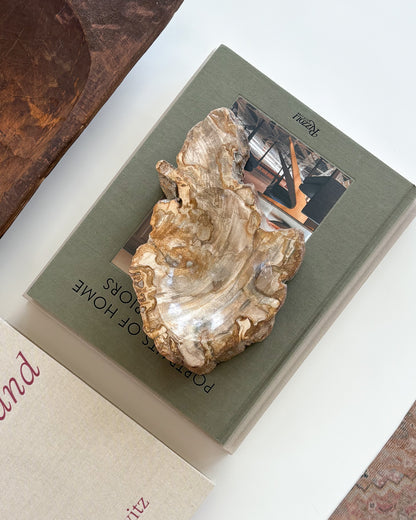 Small Indonesian petrified wood decorative bowl with natural fossilized wood grain and earthy tones.