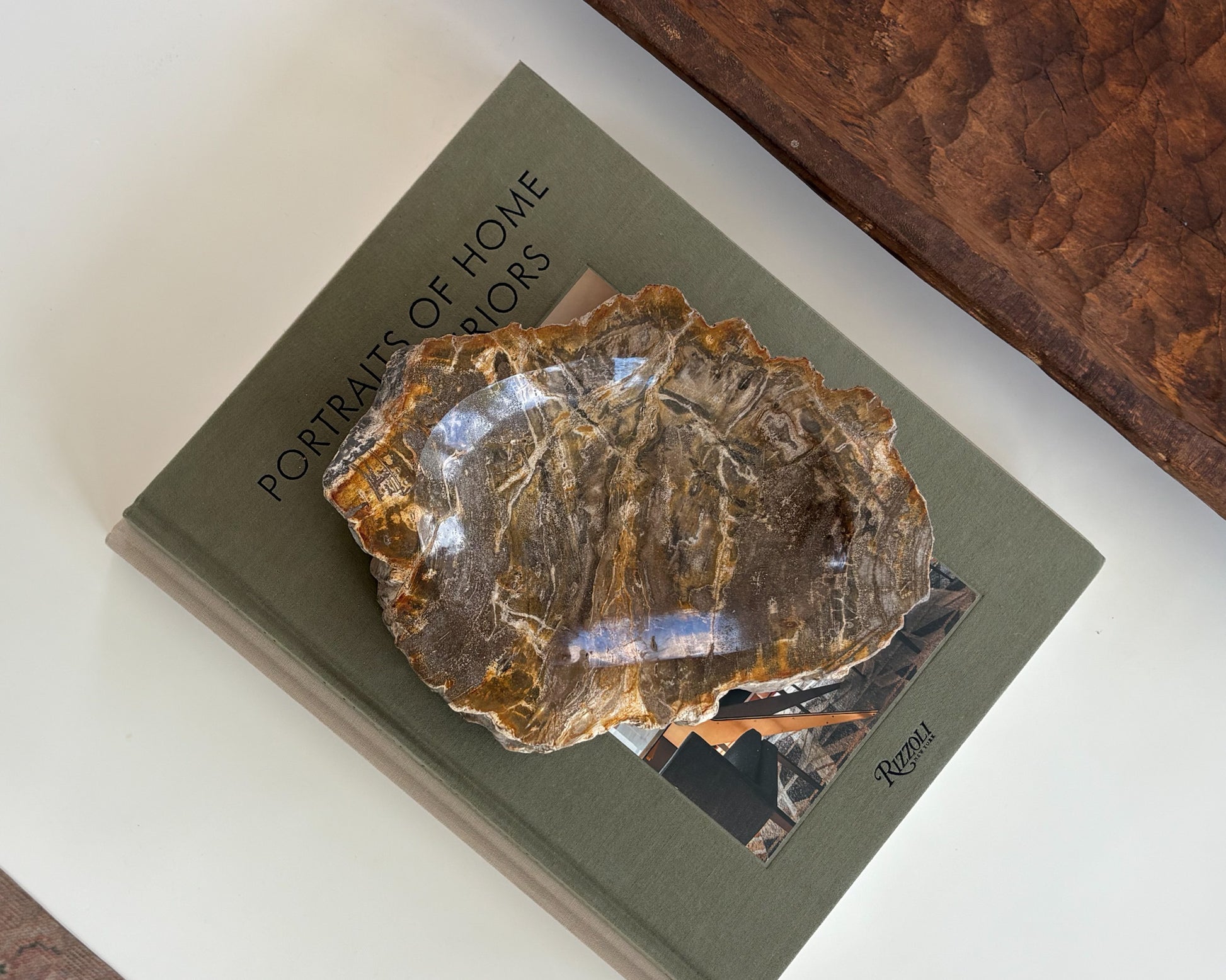 Small Indonesian petrified wood decorative bowl with natural fossilized wood grain and earthy tones