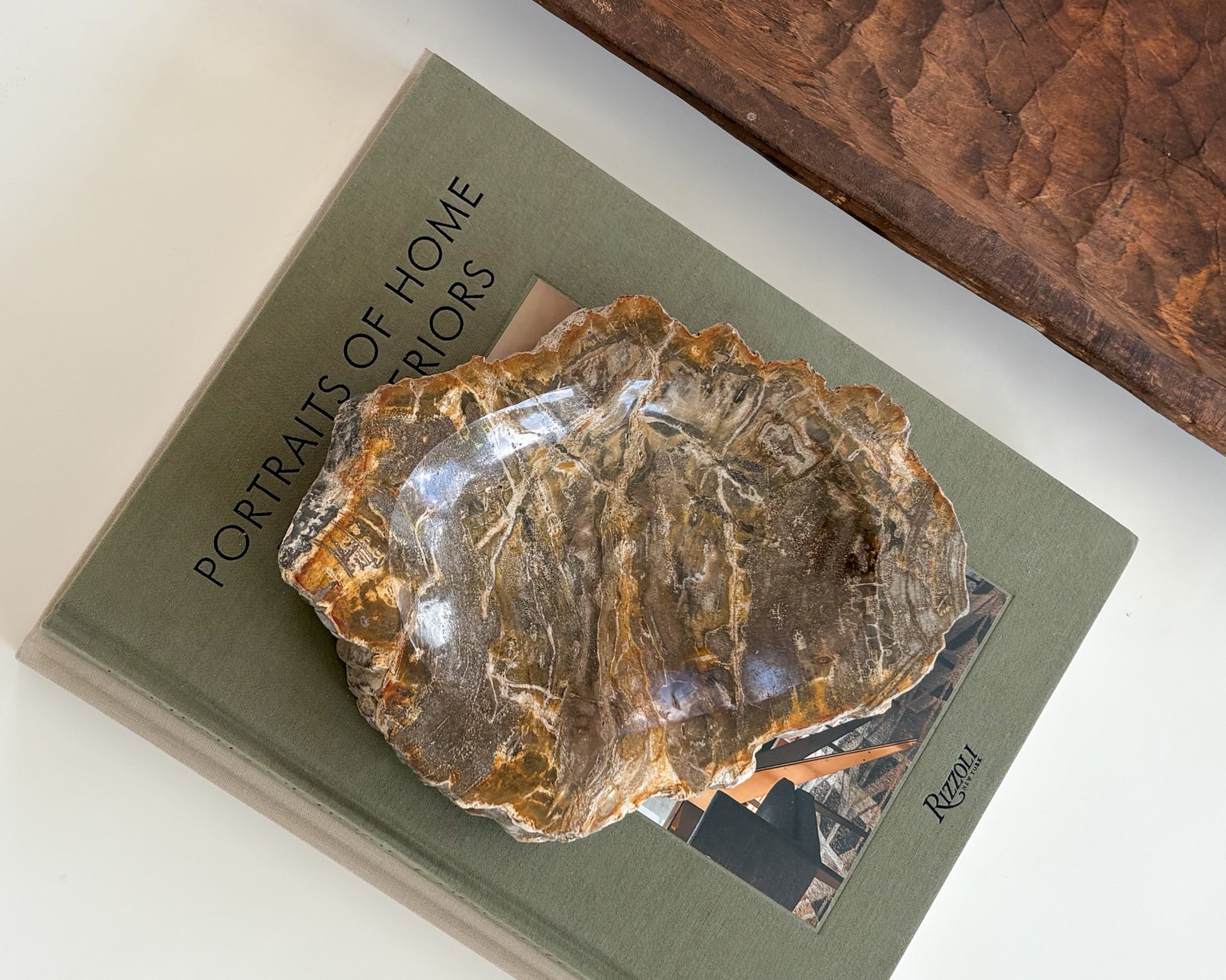 Hand-carved Indonesian petrified wood bowl showcasing unique fossilized wood patterns