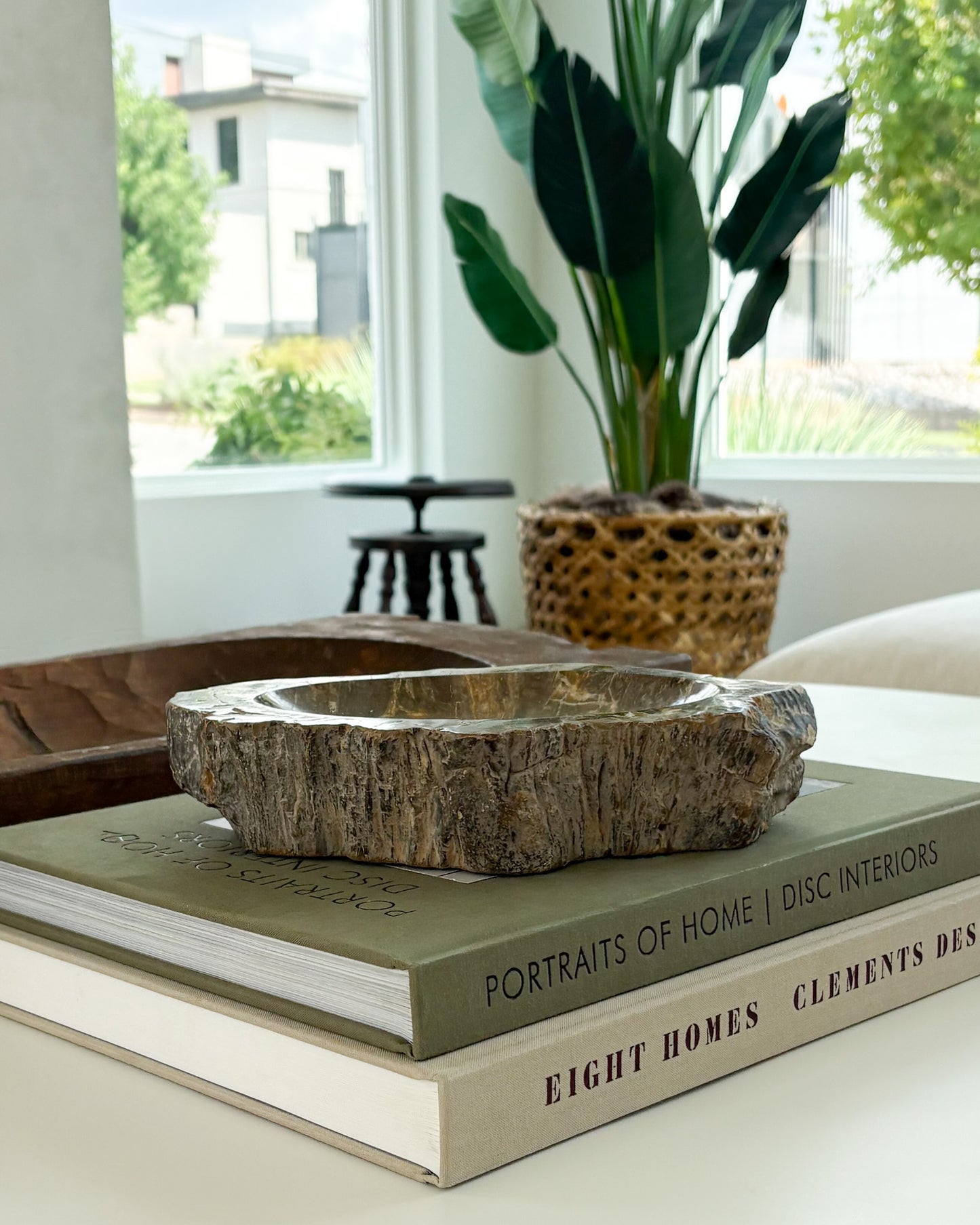 Small fossilized wood bowl crafted from genuine Indonesian petrified wood