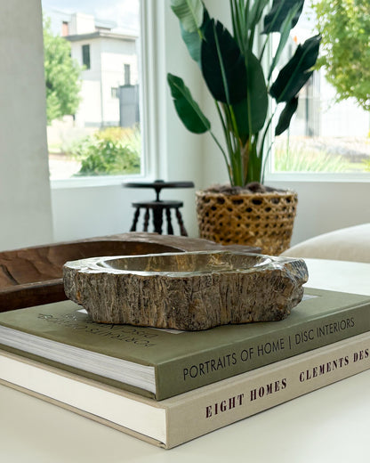 Small fossilized wood bowl crafted from genuine Indonesian petrified wood