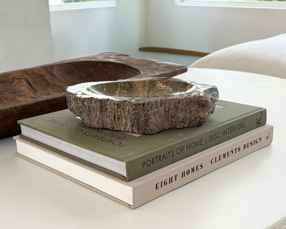 Natural Indonesian petrified wood decorative bowl with organic texture and rich neutral colors