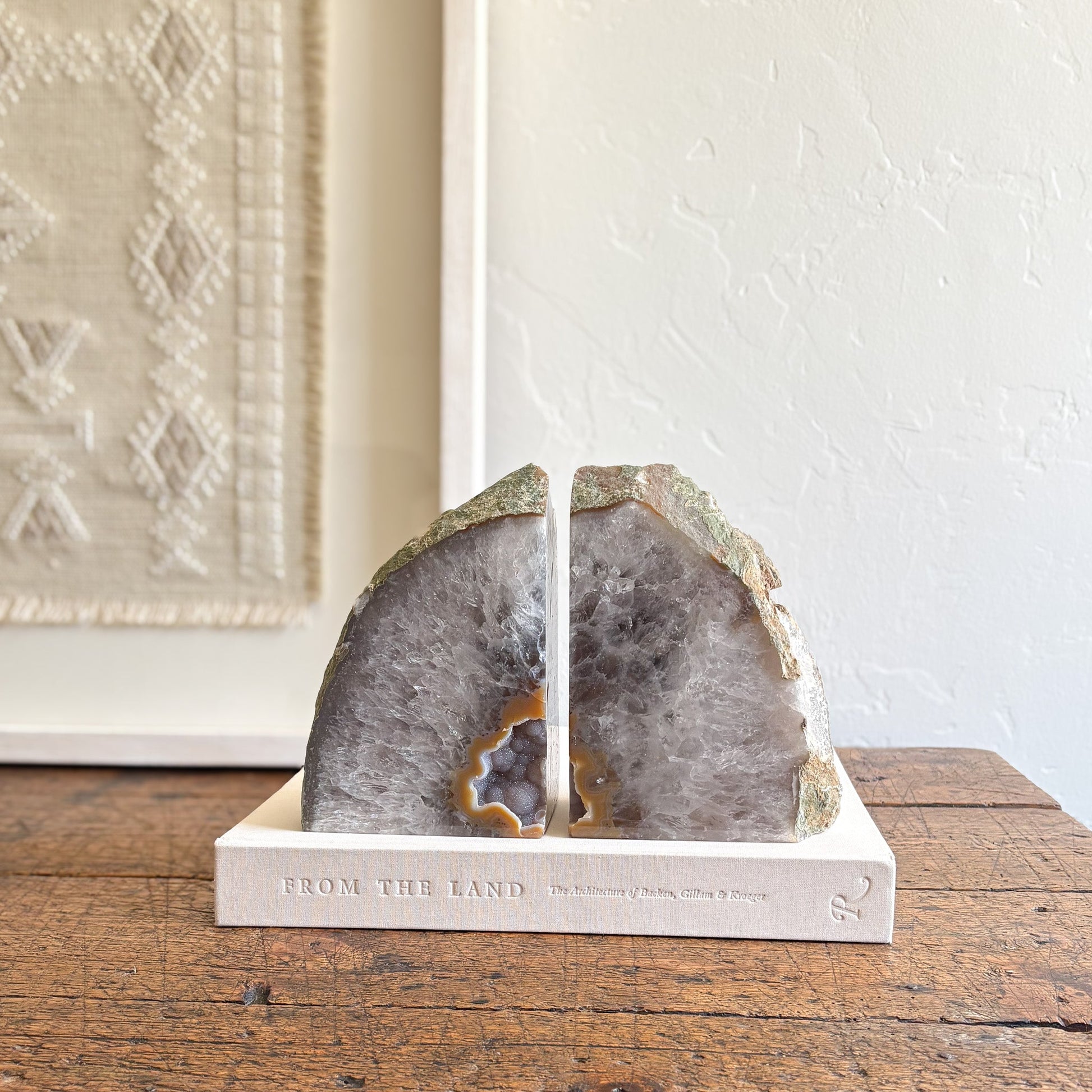 natural brazilian agate crystal bookend pair, modern rustic home decor