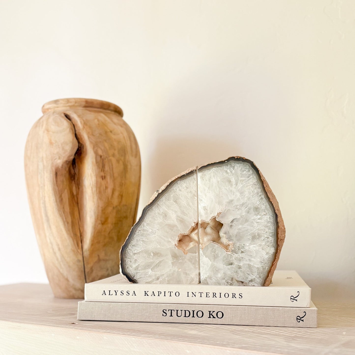 natural white agate bookend pair with geode center