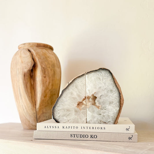 natural white agate bookend pair with geode center