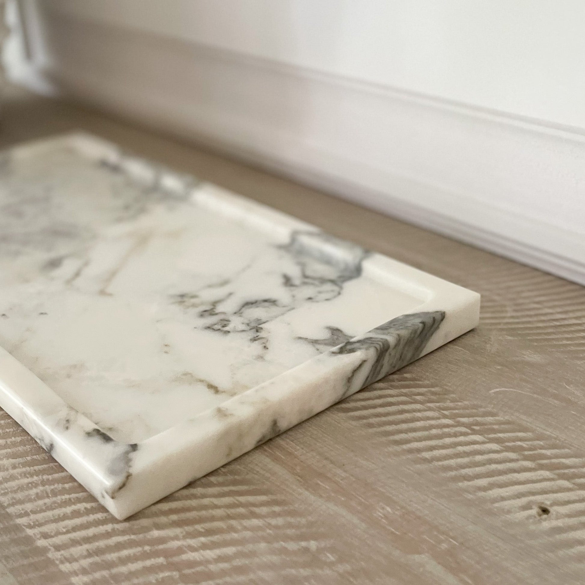 neutral home accents, white and grey marble tray