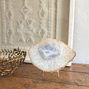 natural brazilian agate geode enter slab on brass easel stand